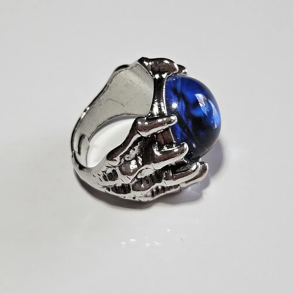 Skull Demon Blue Eye Rings - Silver Tone Ring Adjustable Fashion Jewelry